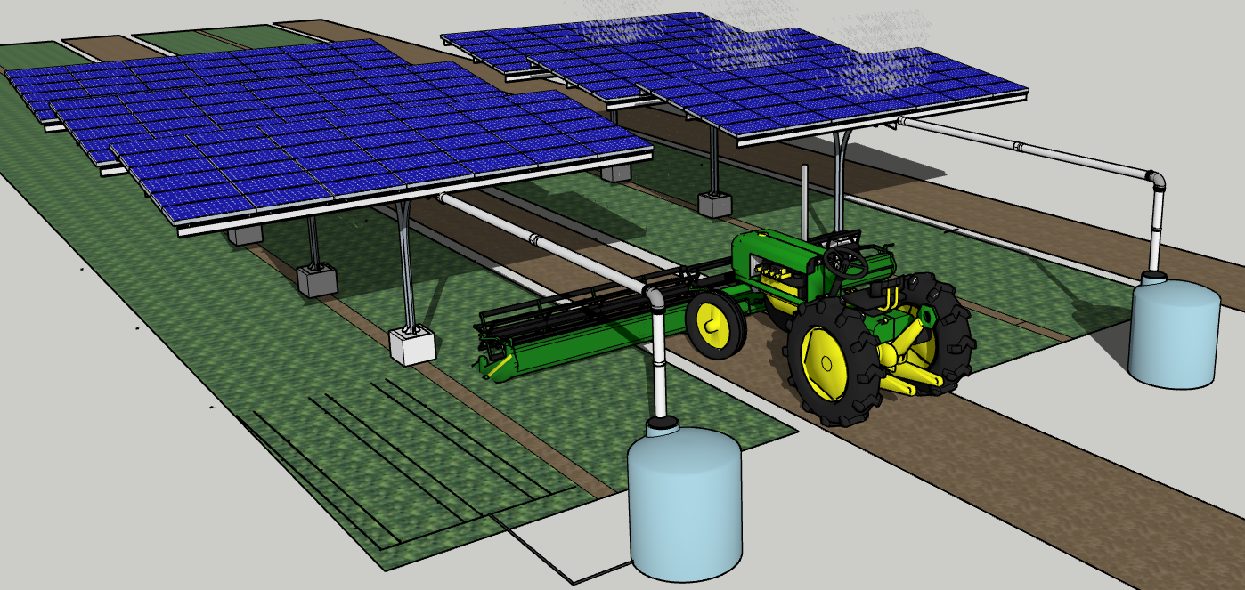 Esquema de un sistema agrovoltaico: paneles solares elevados sobre un cultivo con maquinaria trabajando debajo